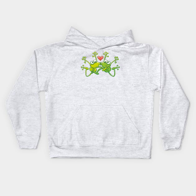 Funny green frogs falling in love while performing an acrobatic kiss Kids Hoodie by zooco